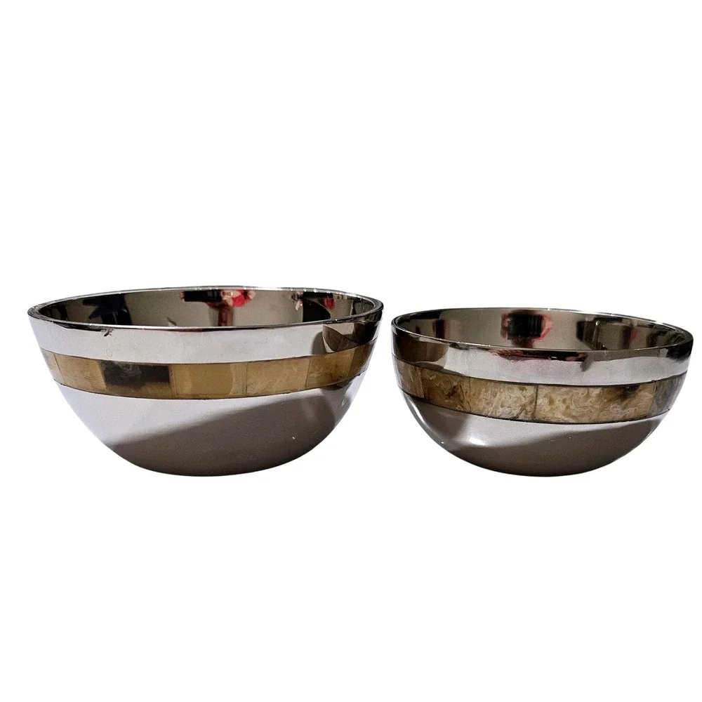 Stainless Steel Nesting Bowls Set of 2 Silver with Shell Inlay Mosaic Band VTG